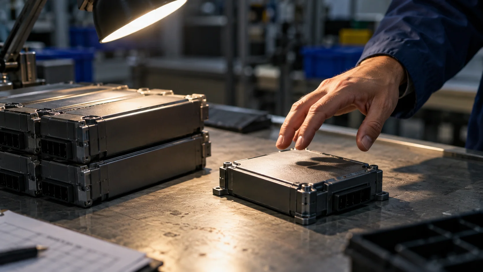 A quality-control bench holding a small stack of finished units, one unit set slightly apart from the rest as if flagged for closer review, a hand's shadow falling