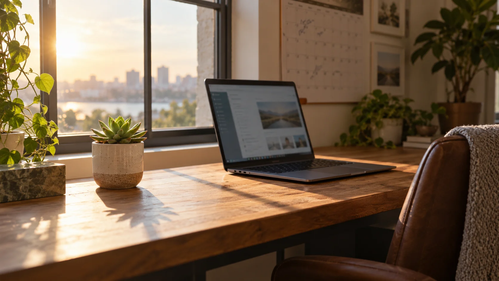 Office desk beside a window with a blank wall planner