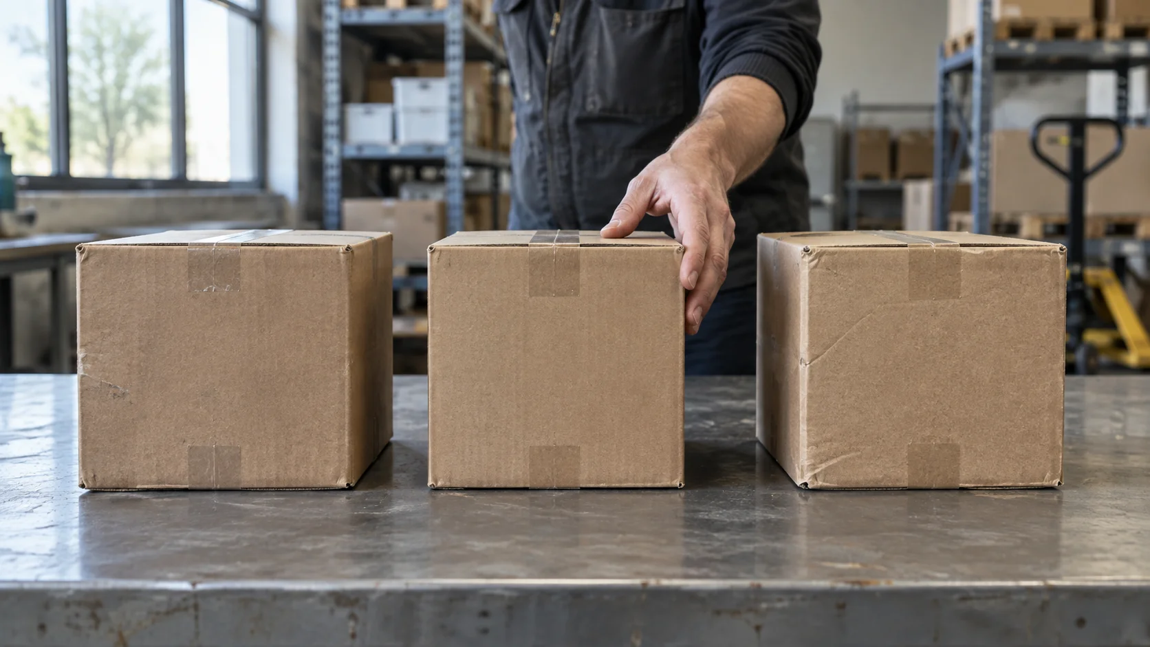 Three sample product boxes lined up evenly on a warehouse table for side-by-side comparison