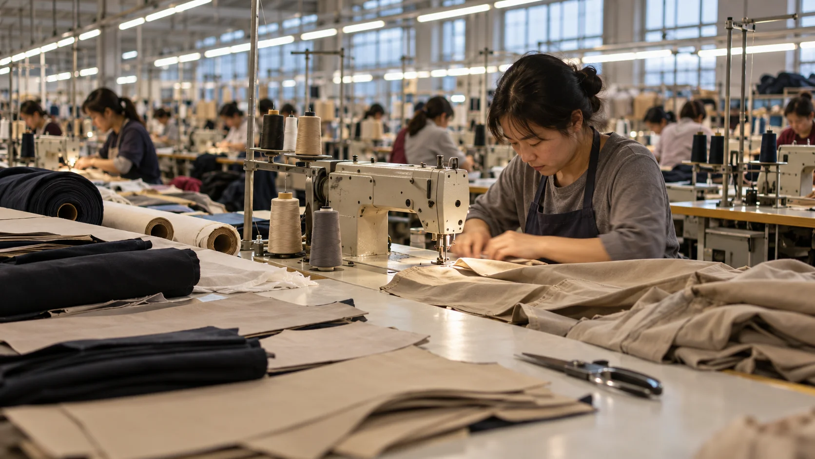 Seamstress at an industrial sewing machine with cut fabric panels and rolls beside her, showing the stages origin rules assess