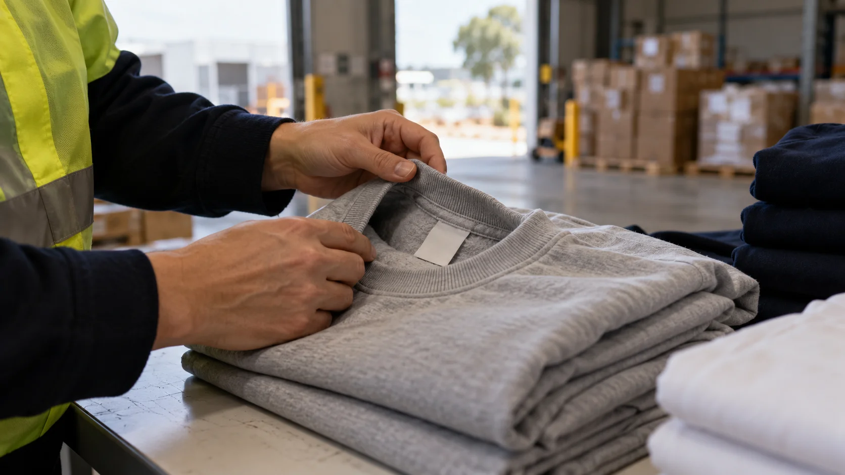 Hands lifting the collar of a folded grey sweatshirt to show a blank label, illustrating the garment label rules cover