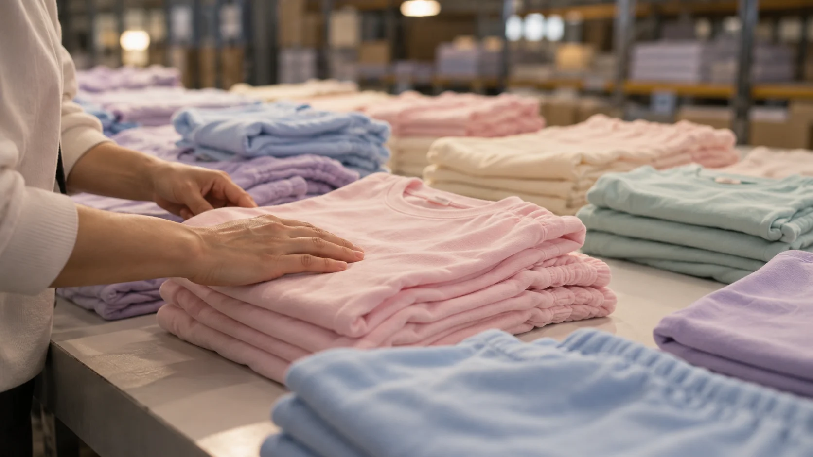 Hands smoothing a stack of folded pink garments among pastel blue, lilac and mint piles, introducing apparel safety standards