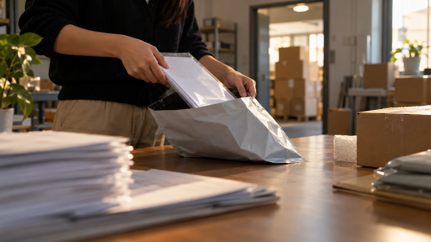 Person sliding a sheaf of papers into a grey mailer bag beside a tall stack of documents, showing paperwork prepared for shipping