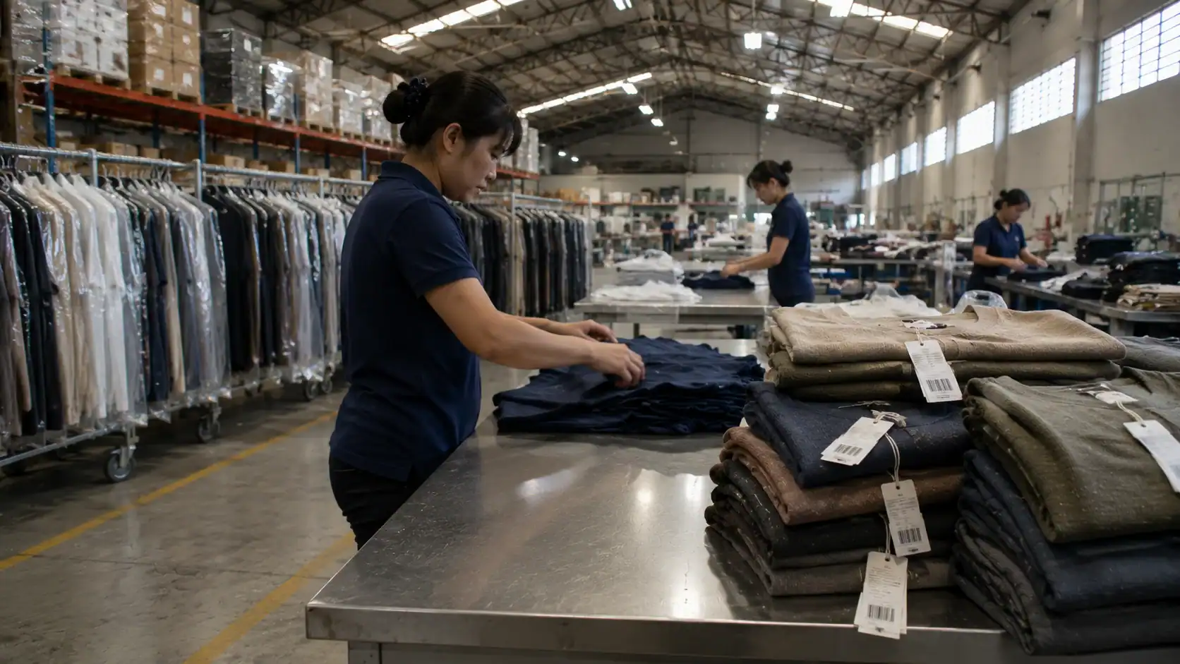 Vietnamese garment factory workers on a production line with racks of finished clothing visible