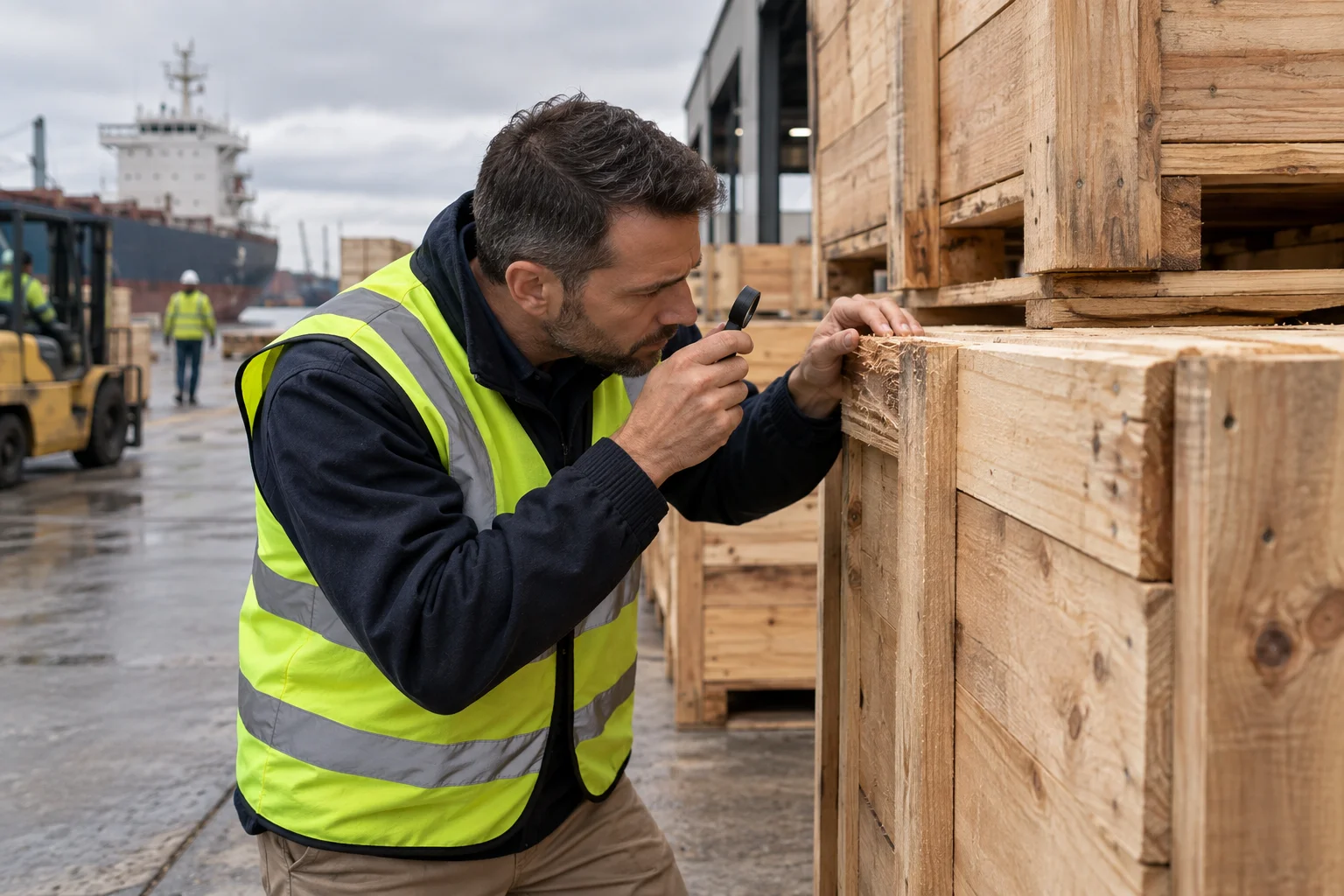 Biosecurity inspector in a hi-vis vest examining the end grain of a timber shipping crate with a magnifying loupe on a wet port apron, container ship behind