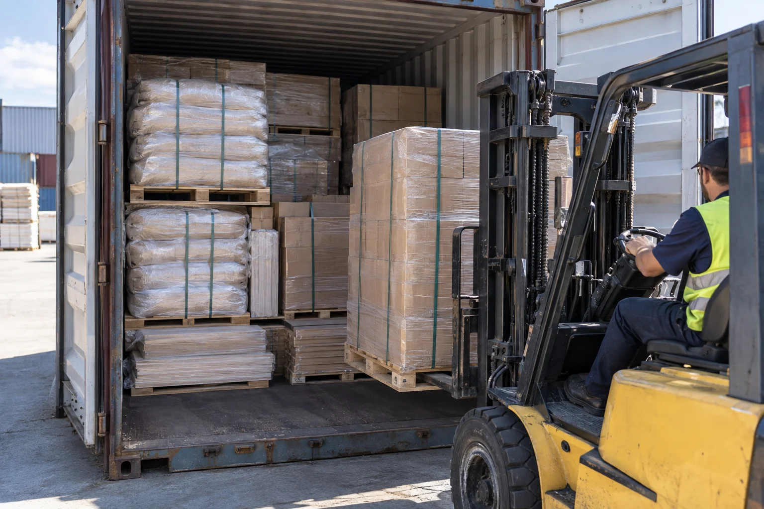 Forklift loading shrink-wrapped pallets of bagged and boxed building materials into a 40-foot container for a full container load shipment