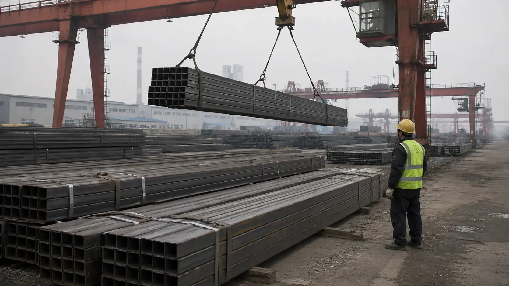 Steel beams or building materials being loaded into a container at a Chinese factory or Tianjin/Shanghai port, with an Australian construction site or Port Botany crane in the background