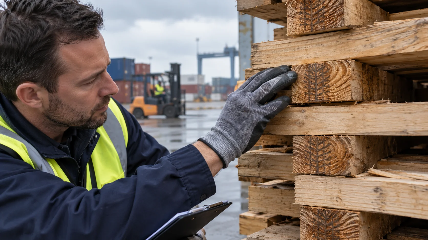 Stacked timber packaging material at an Australian receiving dock, heat-treatment stamp texture visible on the cut ends of the wood (no readable characters, just stamped