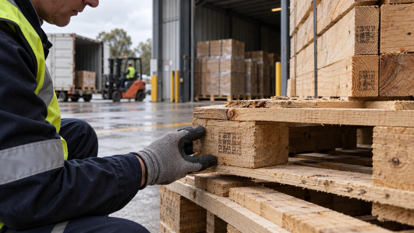 Inspecting the treatment stamp on imported timber packs to meet Australian biosecurity rules