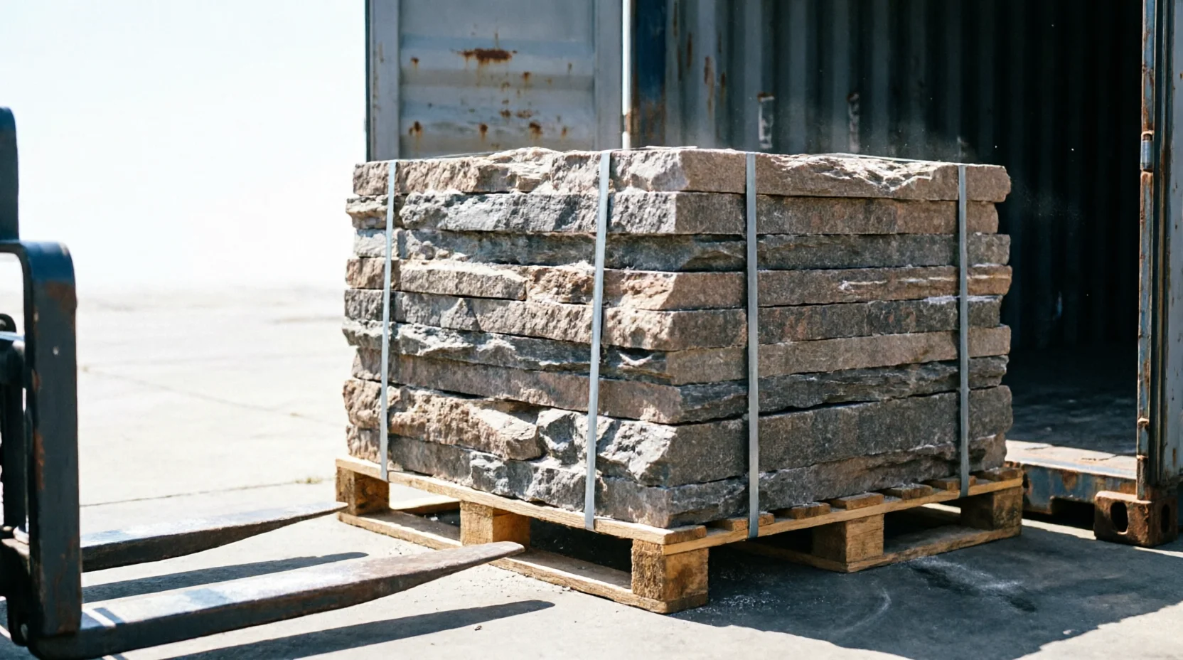 Cut stone banded to a pallet for sea freight from Vietnam to Australia