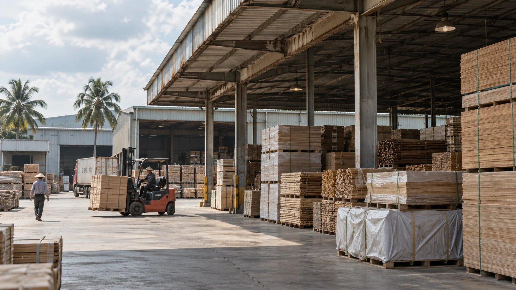 A Vietnamese timber supplier's yard, the kind of site an importer inspects before placing an order