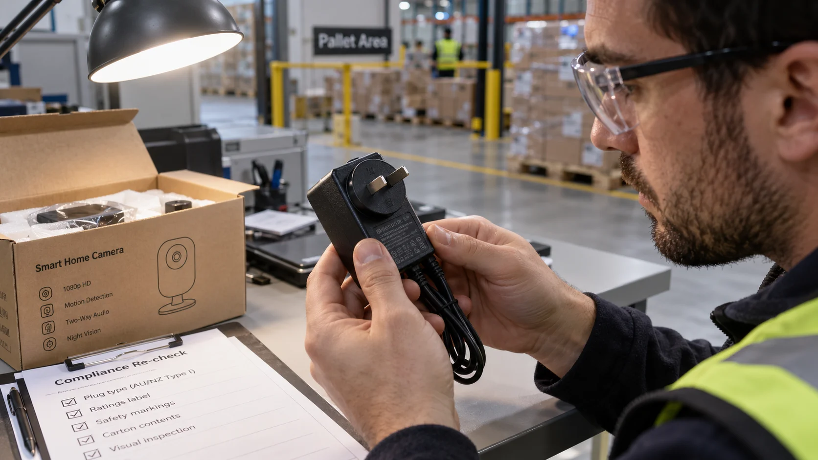 An electronics carton undergoing a compliance re-check on a bench separate from the main pallet, a technician examining a device's power adapter closely under a task lamp