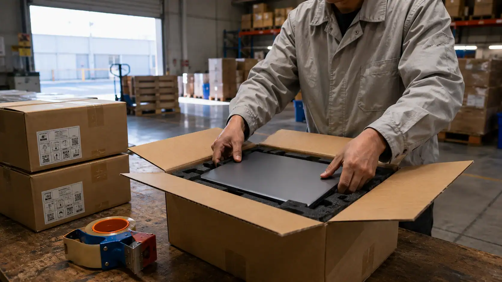 Electronics (laptops, earbuds, smart devices) being packed into a shipping carton in a Chinese factory or warehouse, with Australian port dock or customs facility visible as a secondary element
