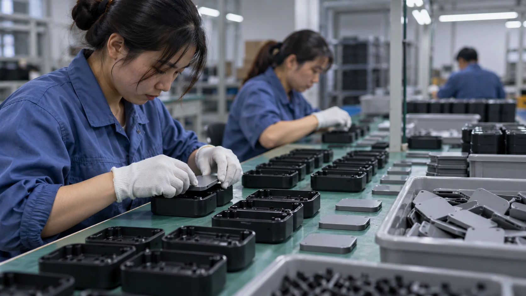 Factory workers in blue overalls fitting grey lids onto black electronic housings along a green assembly bench