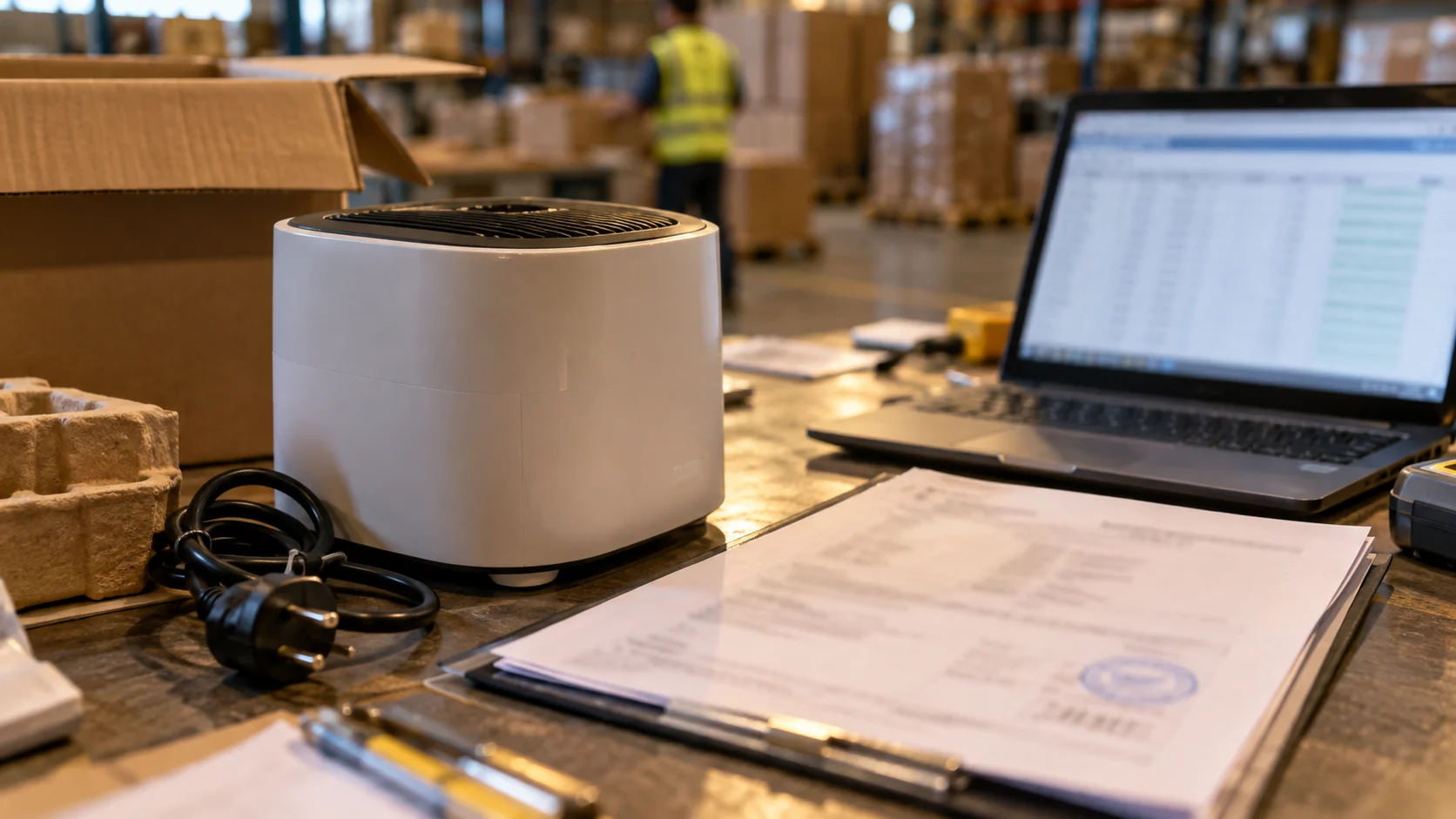 Inline image, 16:9. A close-up, tactile scene on a warehouse or freight-forwarder desk: a consumer electronics unit (e.g