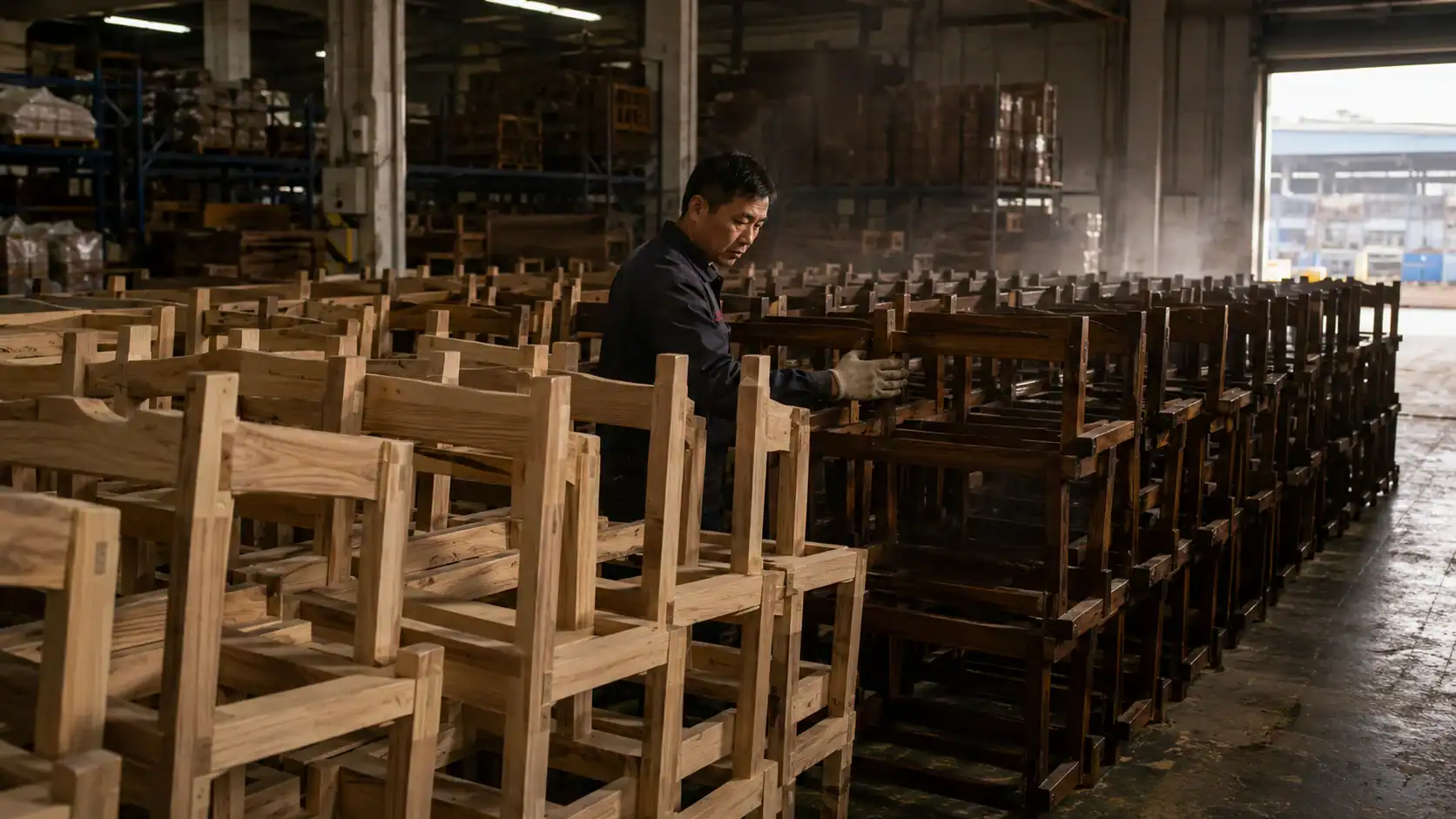 Factory worker inspecting rows of raw and dark-stained timber chairs in a Chinese furniture warehouse