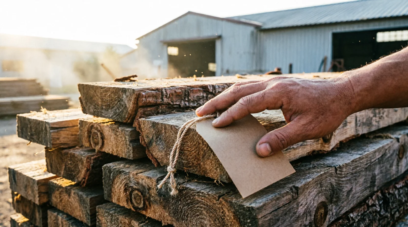 A stack of raw timber furniture components in a Chinese factory yard, natural bark-edge grain visible on a few pieces, a quality officer's hand resting on a stamped tag tied to one bundle with the tag angled away from camera.