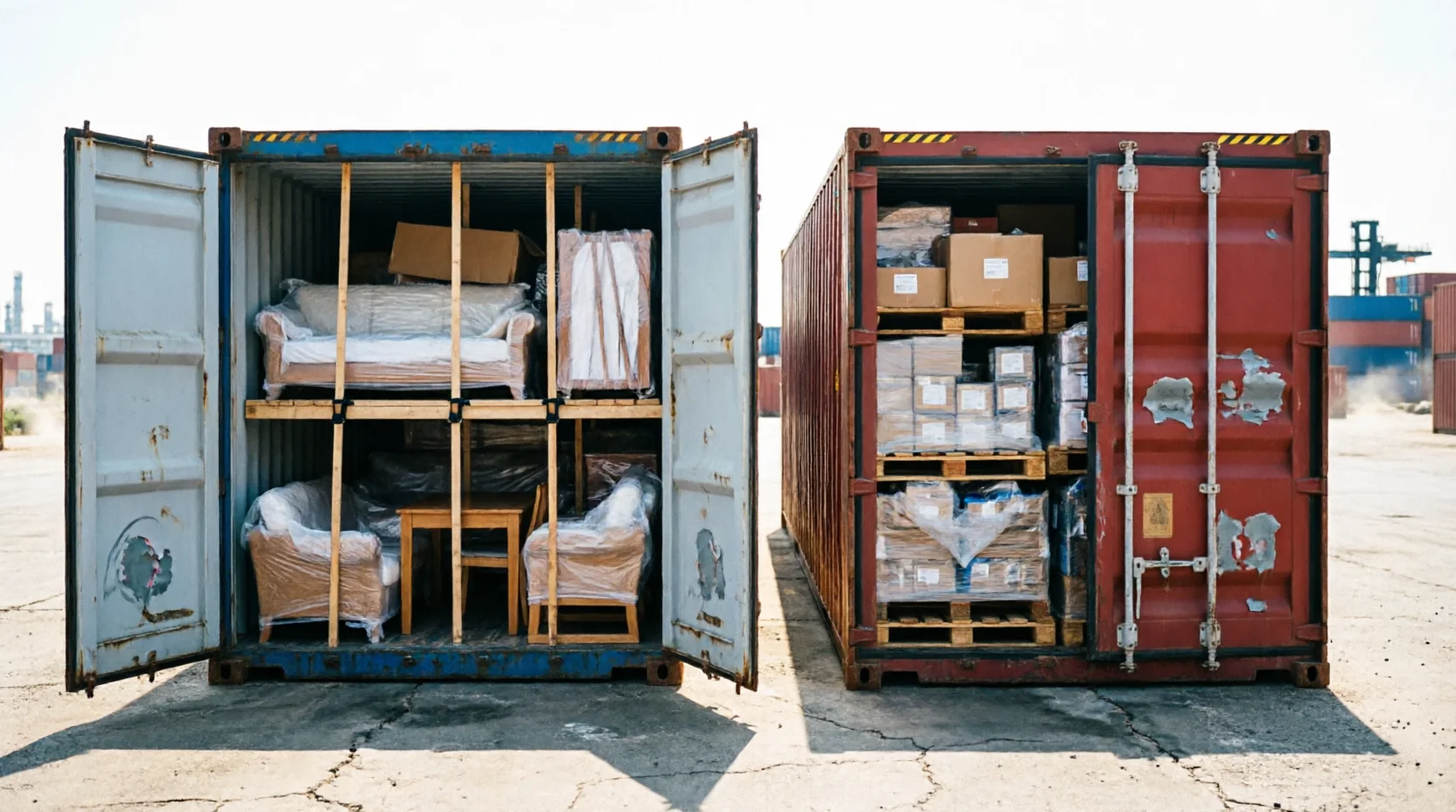 Two shipping containers side by side at a Chinese export yard, one door open showing furniture pieces wrapped and braced floor to ceiling for a full container, the other partially visible with a shared LCL load of mixed pallets.
