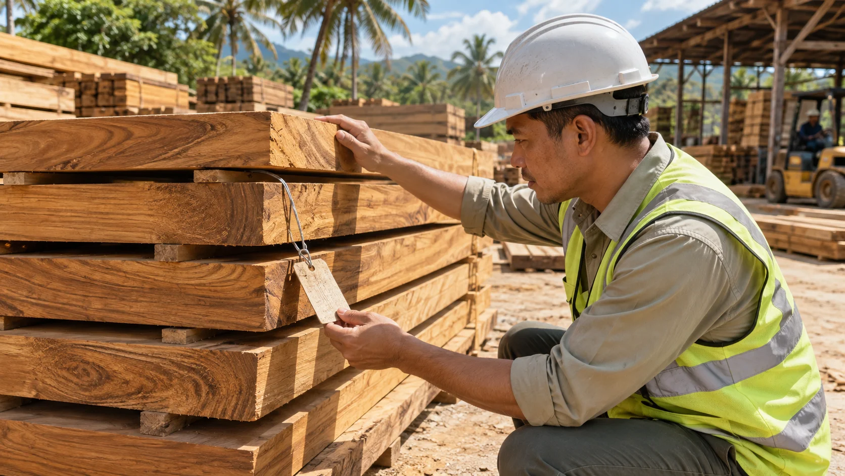 A hard-hatted inspector at a tropical timber yard checks a blank tag wired to a stack of sawn wood.