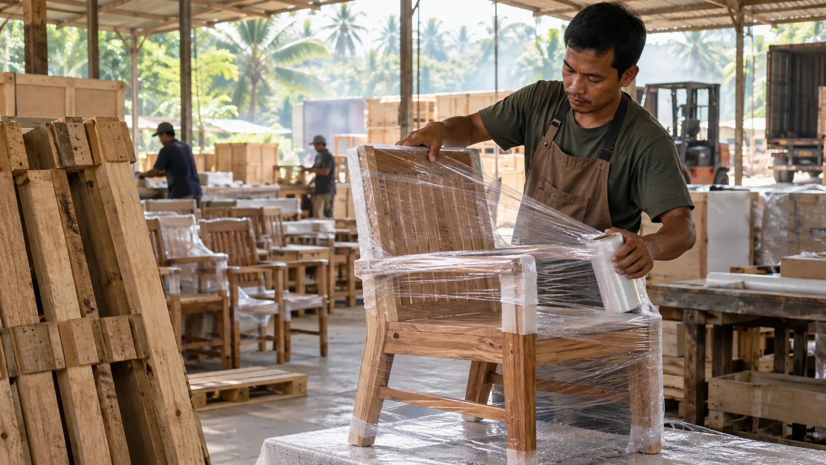 A worker wraps a wooden chair frame in plastic film at an open-air furniture packing shed.