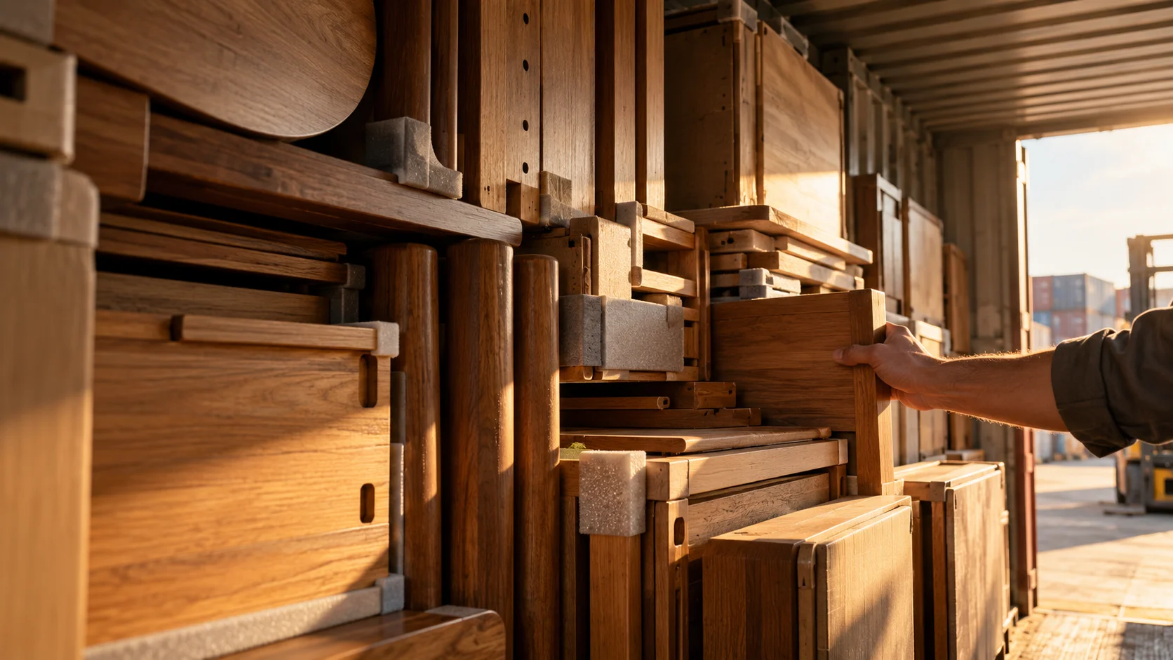 Inside a part-loaded container, disassembled wooden furniture pieces, table legs, flat-packed panels, are stacked and interlocked tightly against each other with