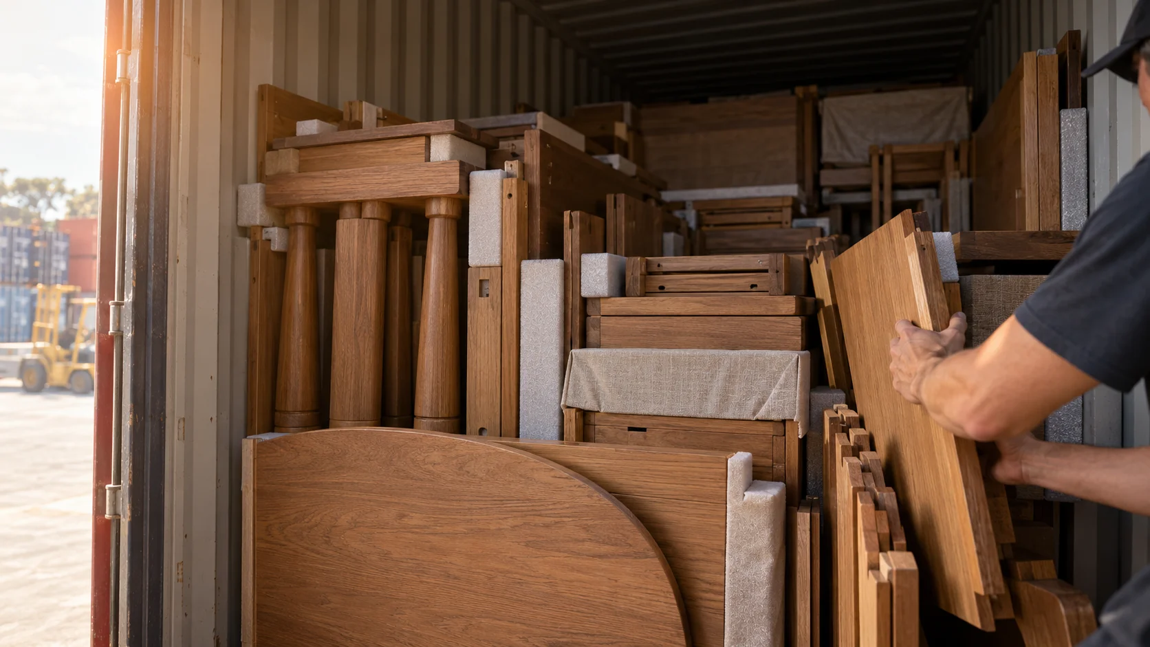 A worker's hand fits a wooden furniture panel into a tightly packed shipping container cushioned with foam.