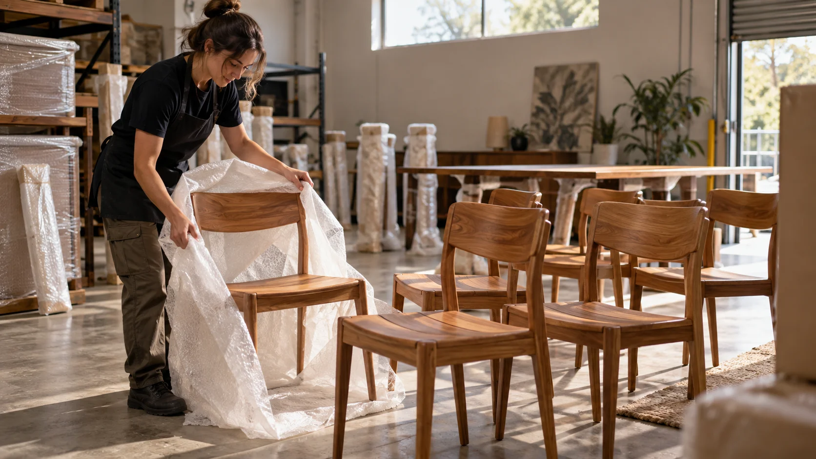 A worker unwraps a teak dining chair beside a row of already-unwrapped matching chairs in a bright showroom.