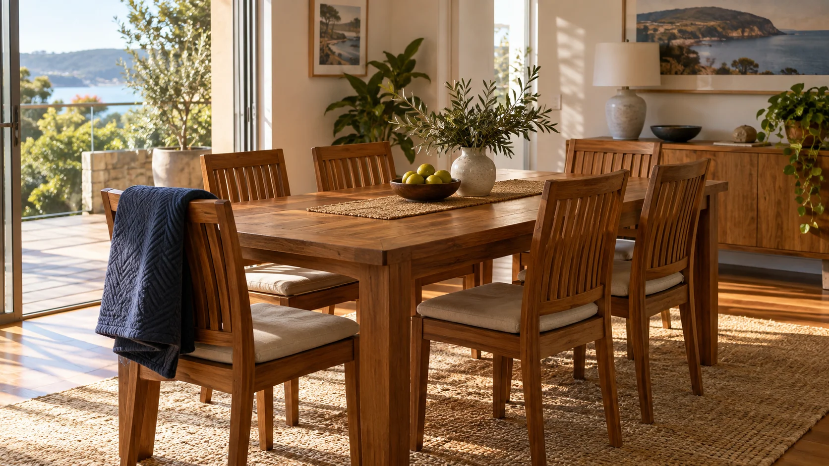 A fully set teak dining table and chairs sit in a sunlit coastal home, a folded blanket draped over one chair.