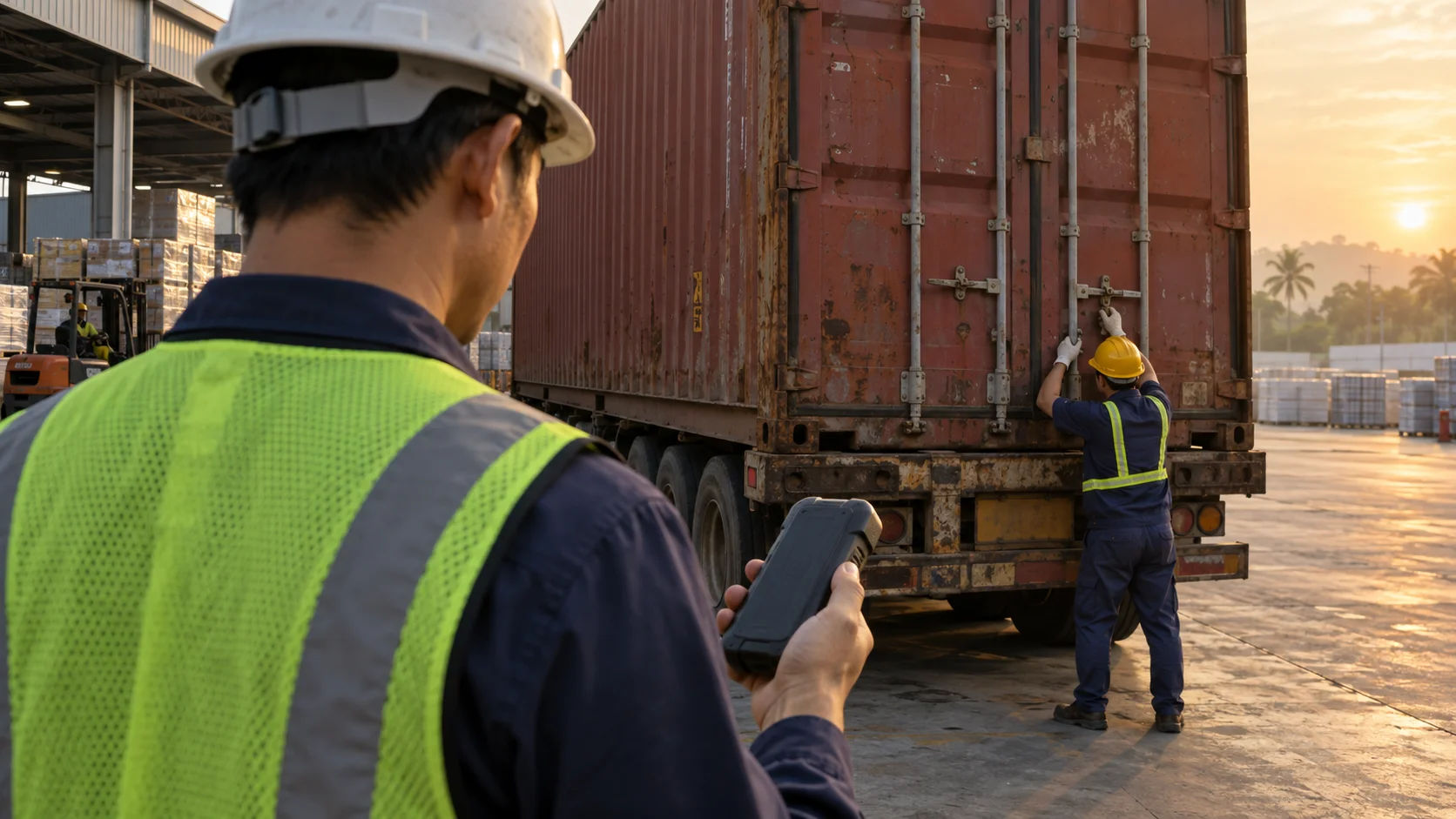 A loaded shipping container being sealed at a Vietnamese factory export yard, a worker closing and latching the container doors while another logs the container number