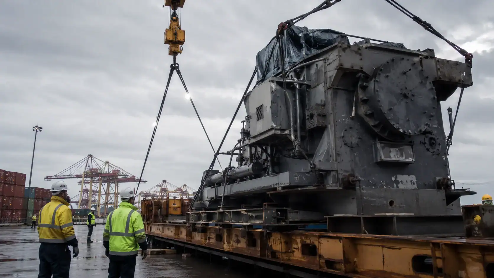 Heavy industrial machinery suspended from a dockside crane while two workers in high-visibility jackets and hard hats look on, with container gantry cranes in the background