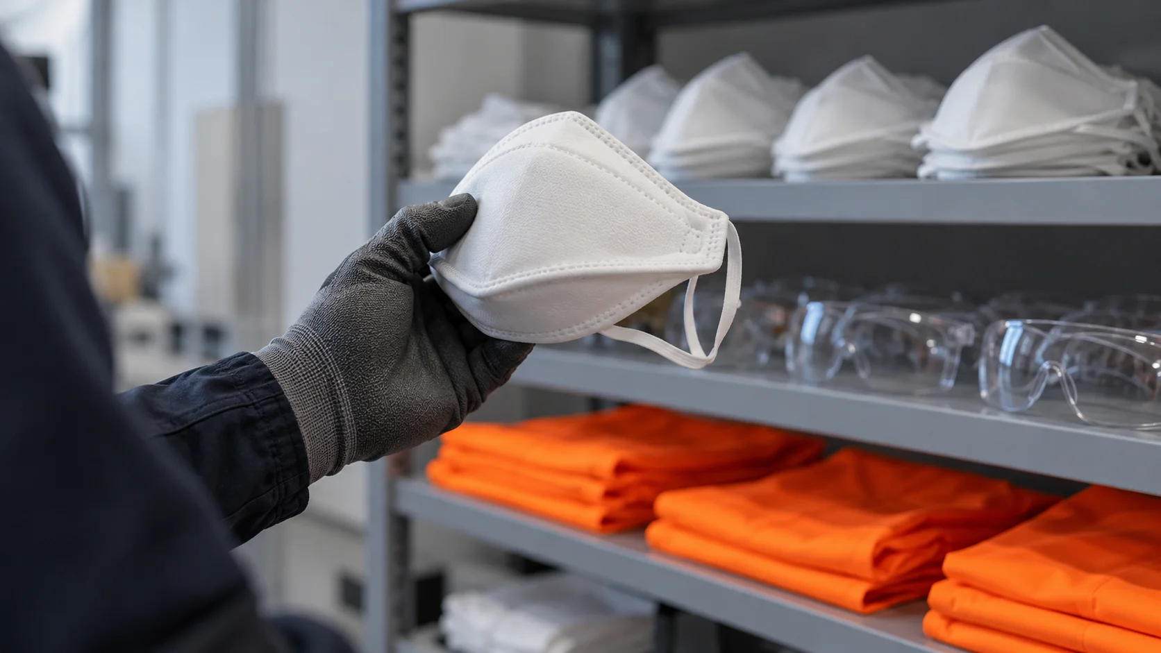 Gloved hand holding a white fold-flat respirator in front of shelves of masks, clear safety glasses and orange workwear