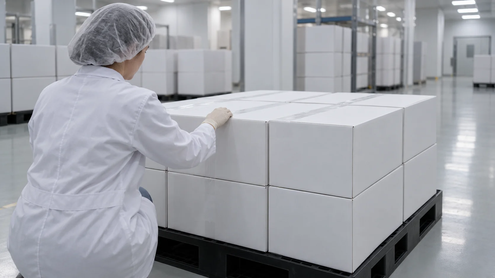 Worker in a white coat and hairnet checking a pallet of plain white cartons in a clean, bright storage hall
