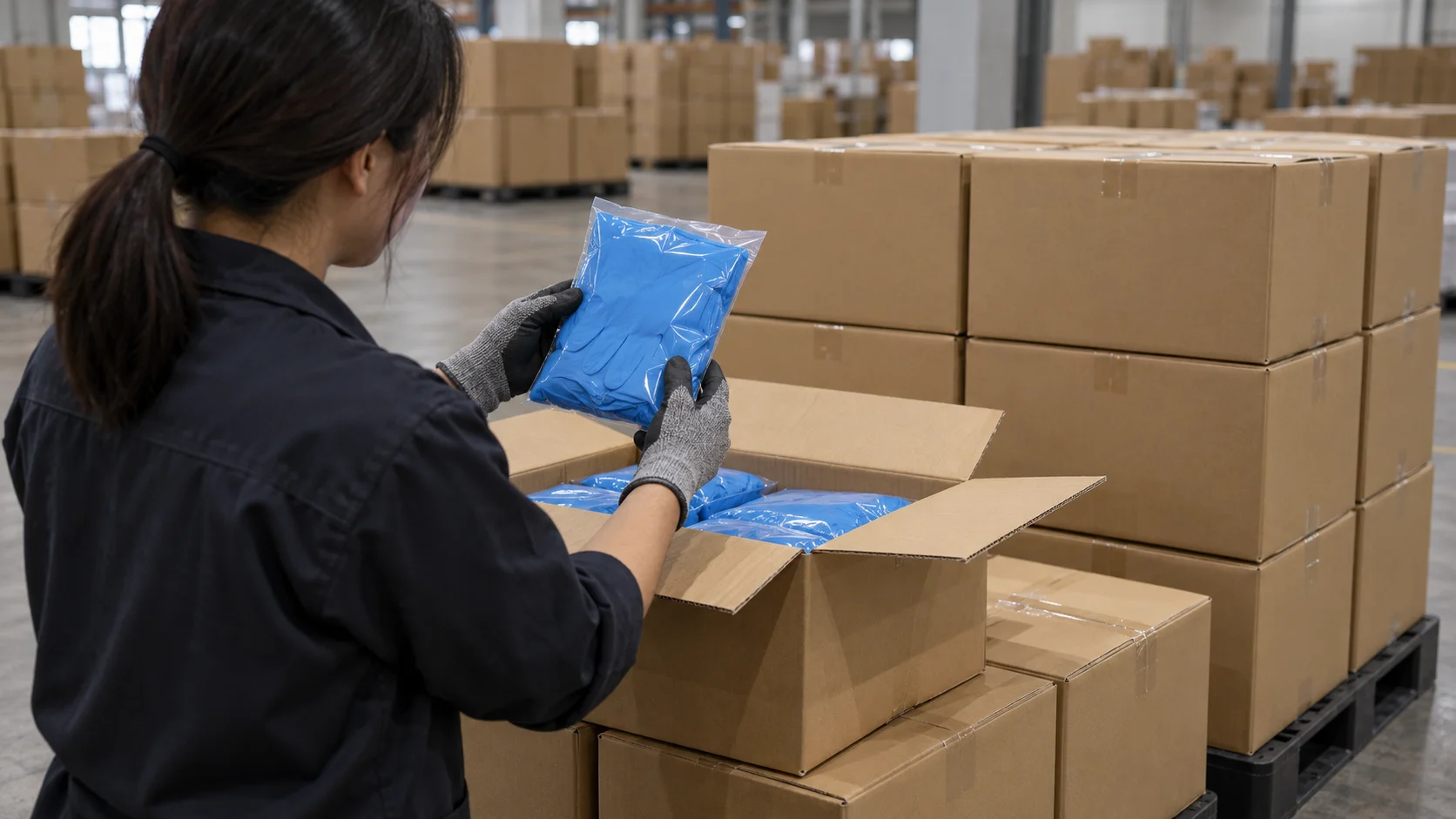 Warehouse worker holding a sealed pack of blue disposable gloves above an open carton of more packs beside a pallet