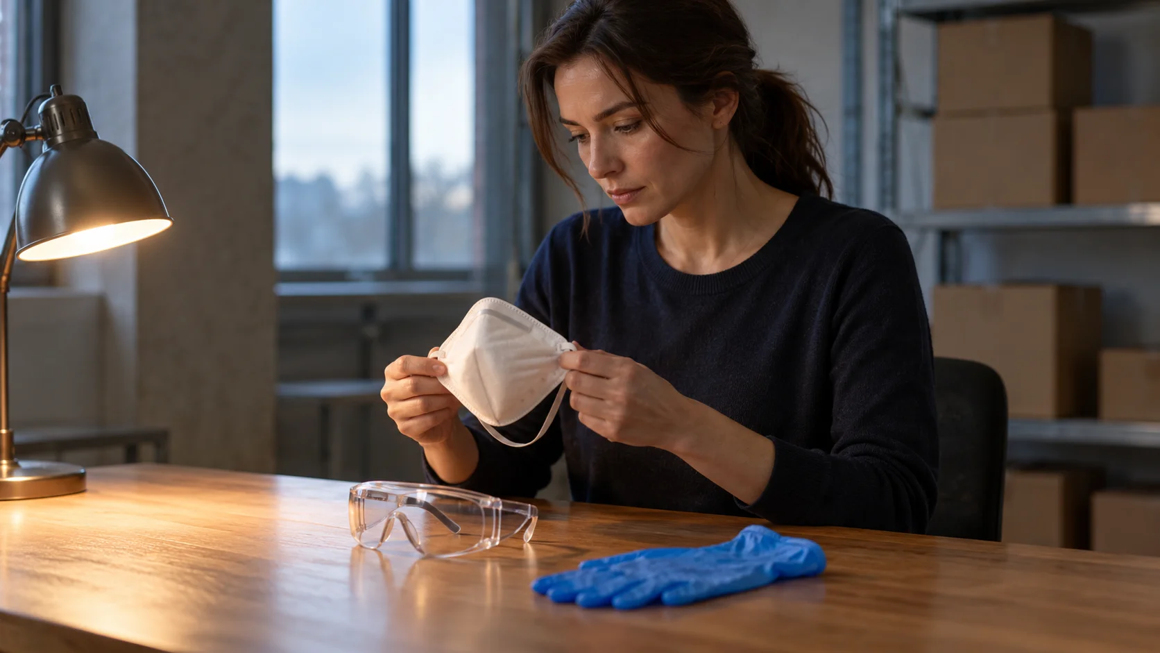 Woman inspecting a fold-flat respirator at a lamp-lit table beside clear safety glasses and a blue glove