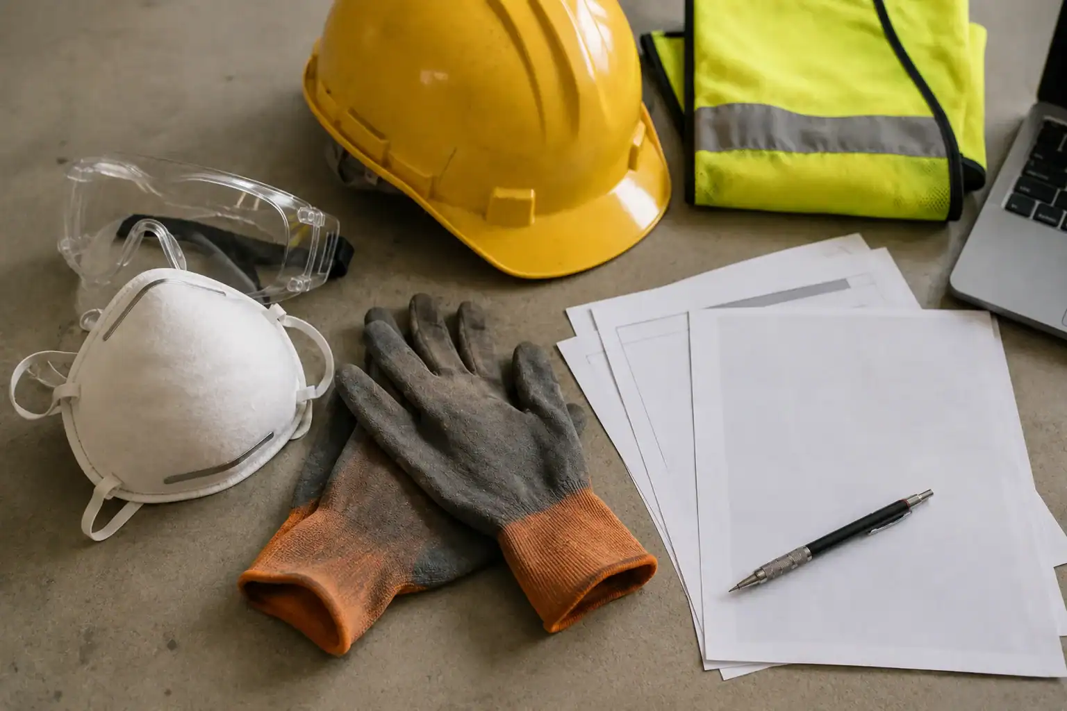A clean flatlay of PPE items — safety glasses, P2 respirator, hard hat, hi-vis vest, safety gloves — arranged alongside Australian compliance documentation: an 
