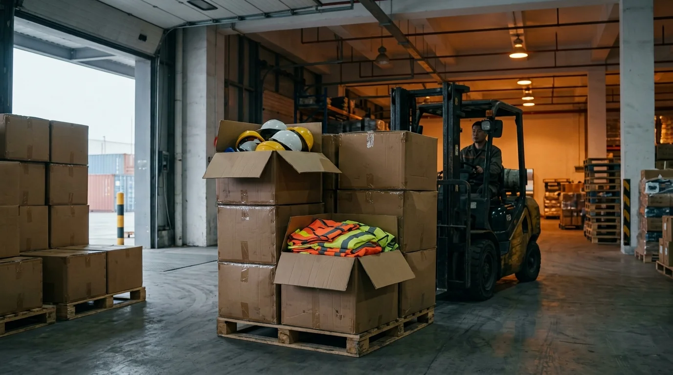 Warehouse worker driving a forklift past a pallet of open cartons revealing hard hats and folded hi-vis vests.