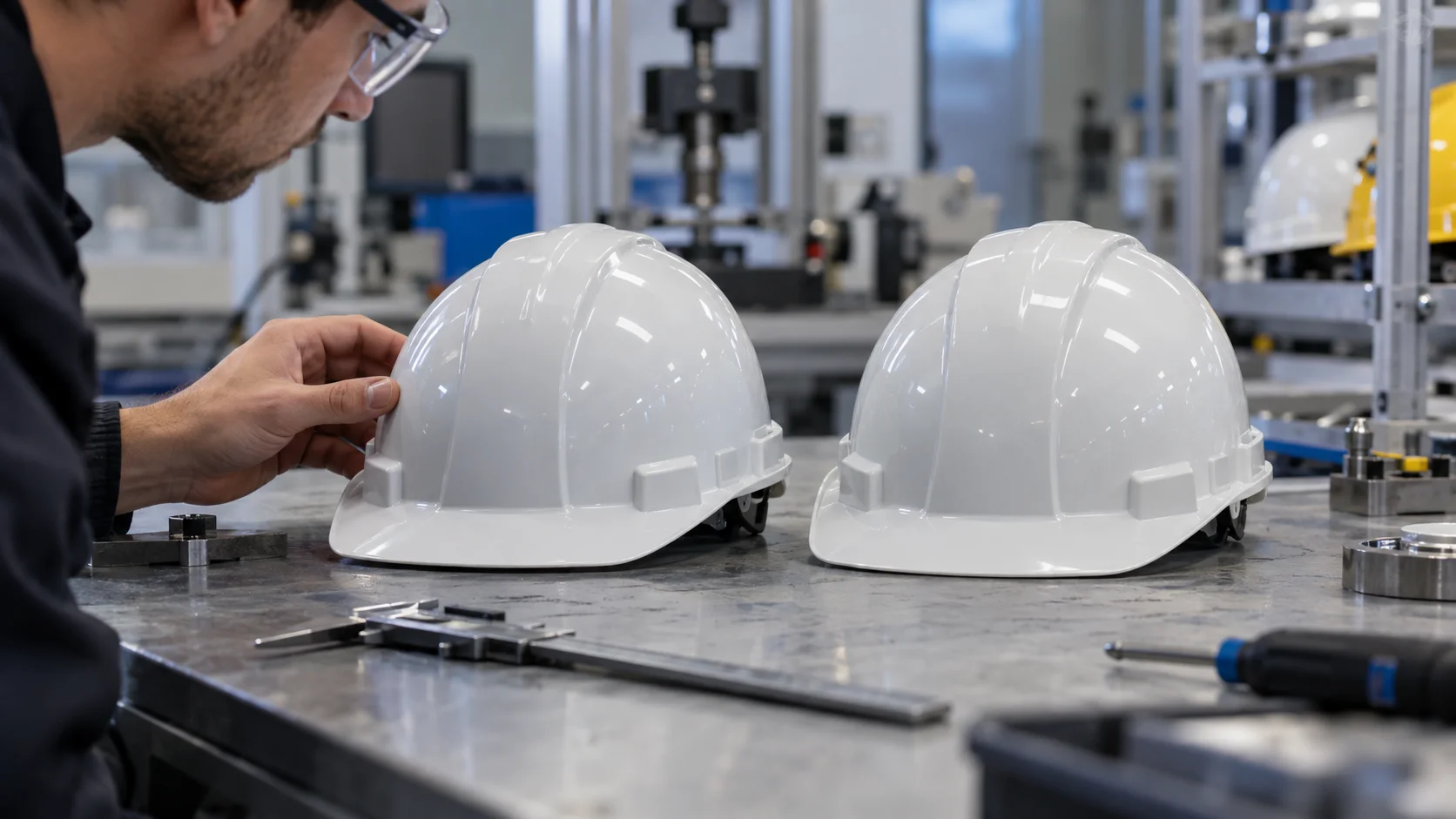 A technician's hand adjusts one of two white safety helmets placed side by side on a lab testing bench.