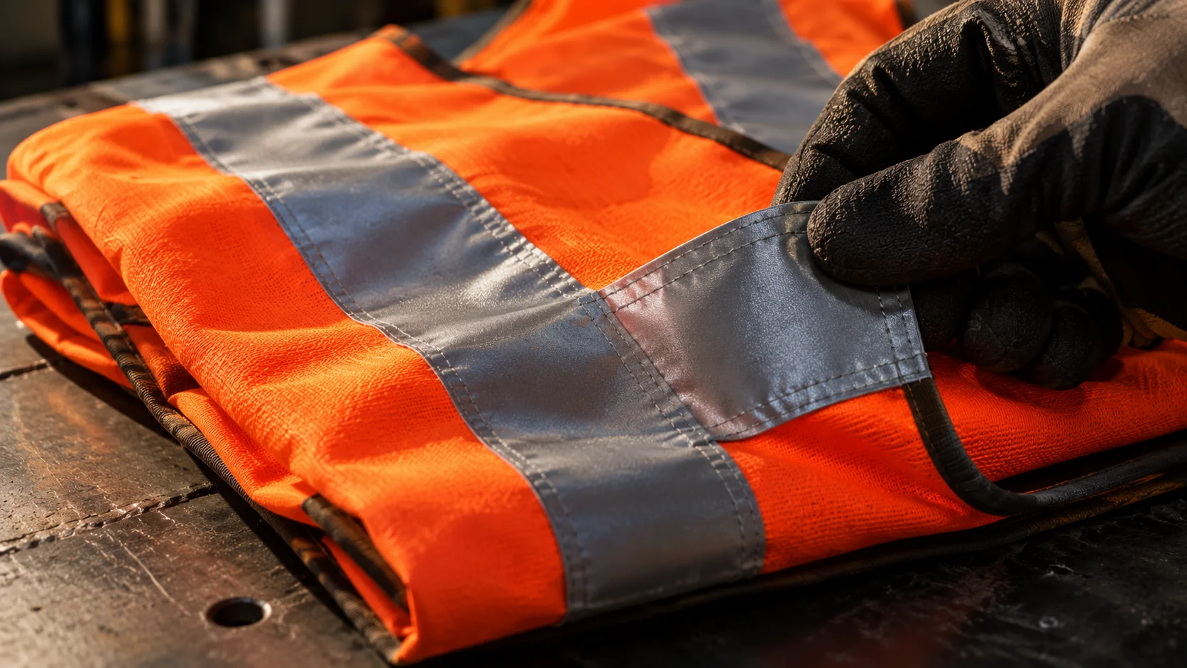 Close-up of a gloved hand checking the stitching on a folded orange and silver hi-vis safety vest.