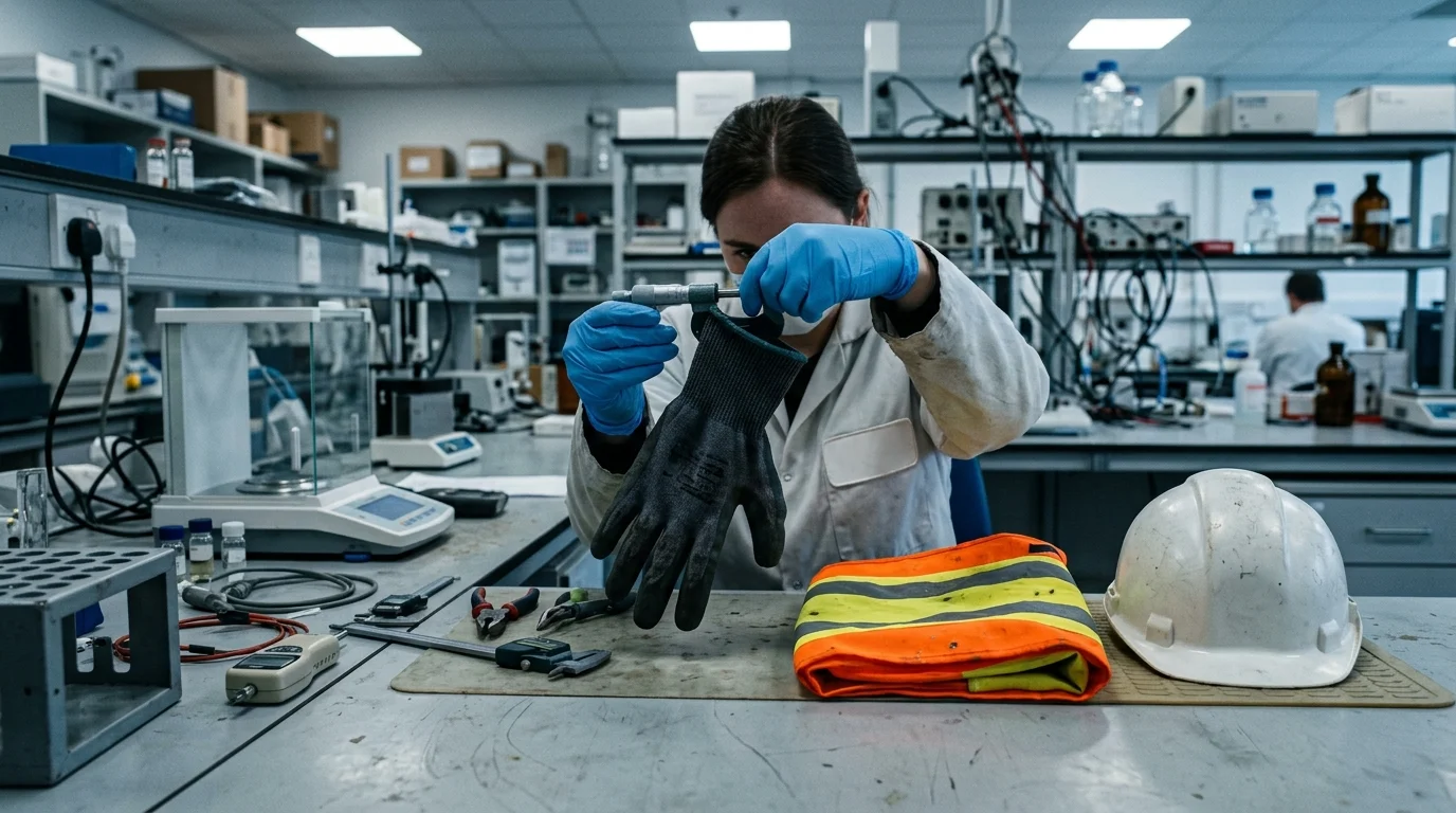 A gloved lab technician measures a black safety glove with a micrometer gauge beside a hard hat and folded hi-vis fabric.