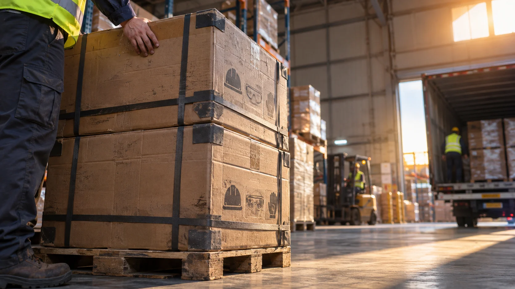 A worker's hand rests on a stack of strapped cartons printed with safety-gear icons at a warehouse dispatch point.