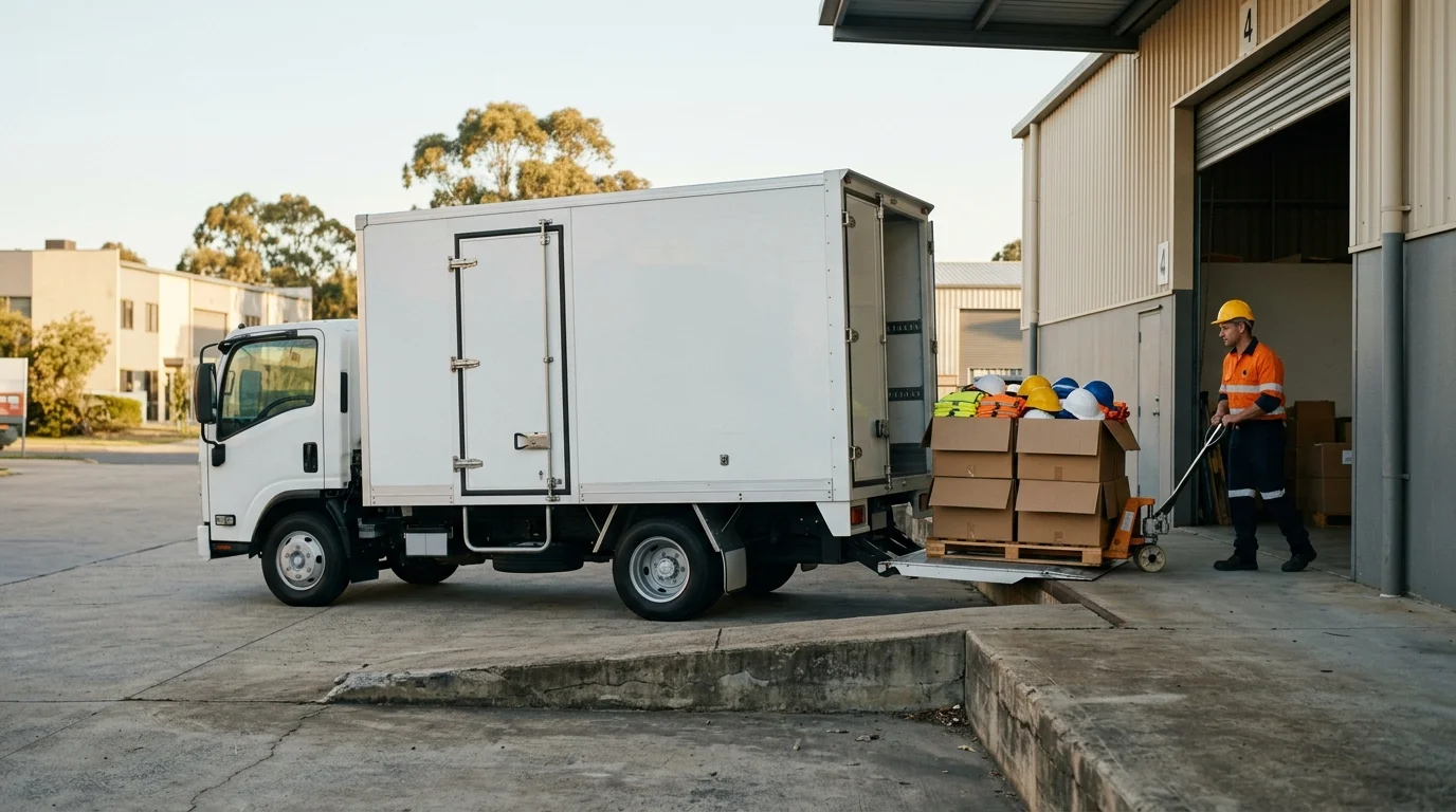 A hi-vis-clad warehouse worker wheels a pallet of hard hats and vests from a delivery truck into a loading dock.