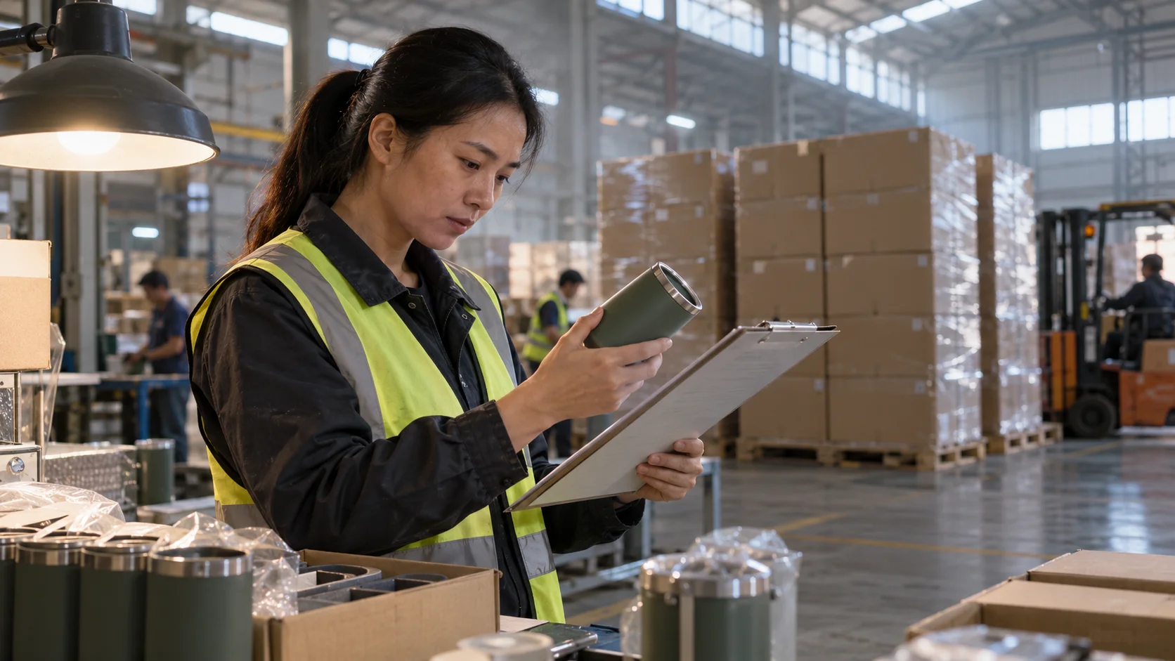 A quality-compliance officer at an overseas factory reviewing a sample product against a compliance reference sheet on a clipboard angled away from camera, pallets of