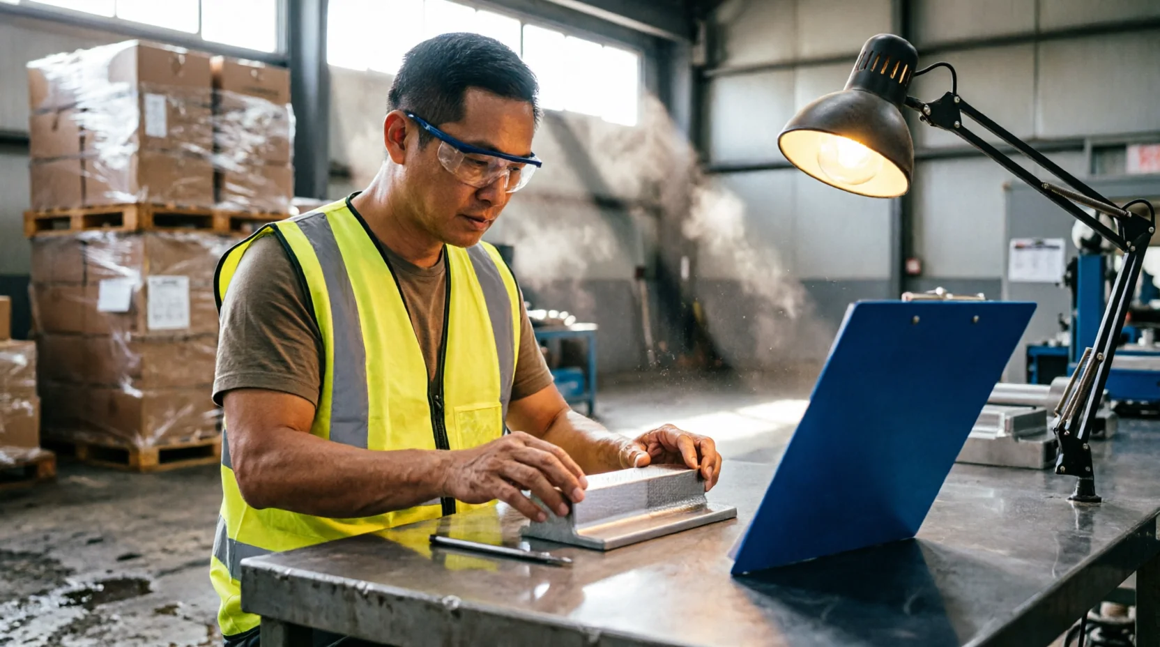 A quality-compliance officer at an overseas factory reviewing a sample product against a compliance reference sheet on a clipboard angled away from camera, pallets of export-ready cartons visible behind under bright warehouse skylighting.