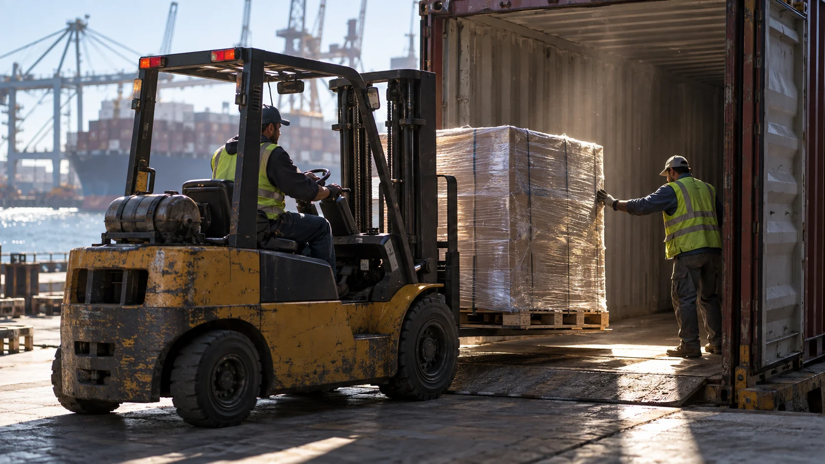 A container being loaded at an export factory dock, a forklift driver easing a wrapped pallet into the container mouth while a dockworker guides the pallet's corner by