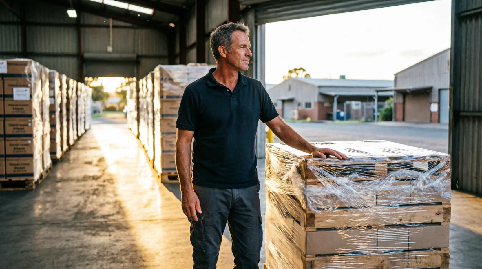 An Australian business owner standing at the edge of their own rear warehouse receiving bay, hand resting on a newly delivered pallet still wrapped and intact, looking down a row of existing organized inventory.