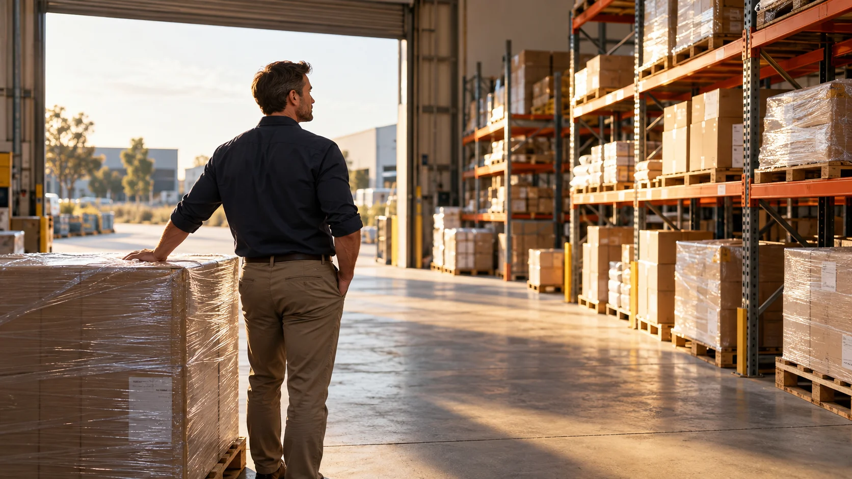 An Australian business owner standing at the edge of their own rear warehouse receiving bay, hand resting on a newly delivered pallet still wrapped and intact, looking