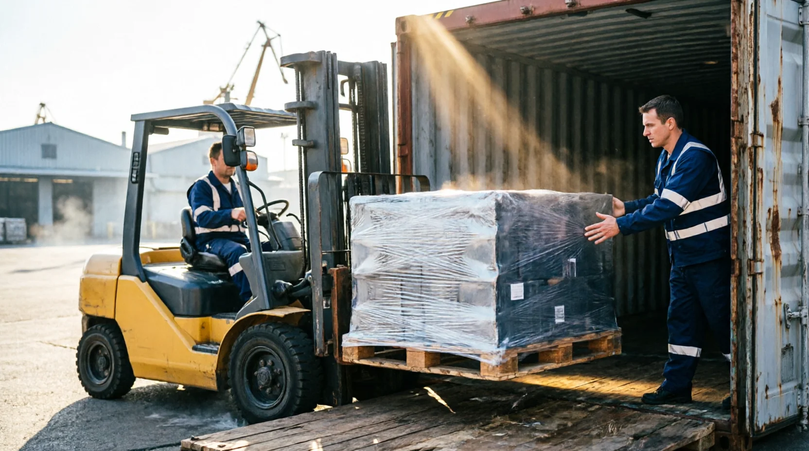 A container being loaded at an export factory dock, a forklift driver easing a wrapped pallet into the container mouth while a dockworker guides the pallet's corner by hand, natural midday light spilling into the container interior.