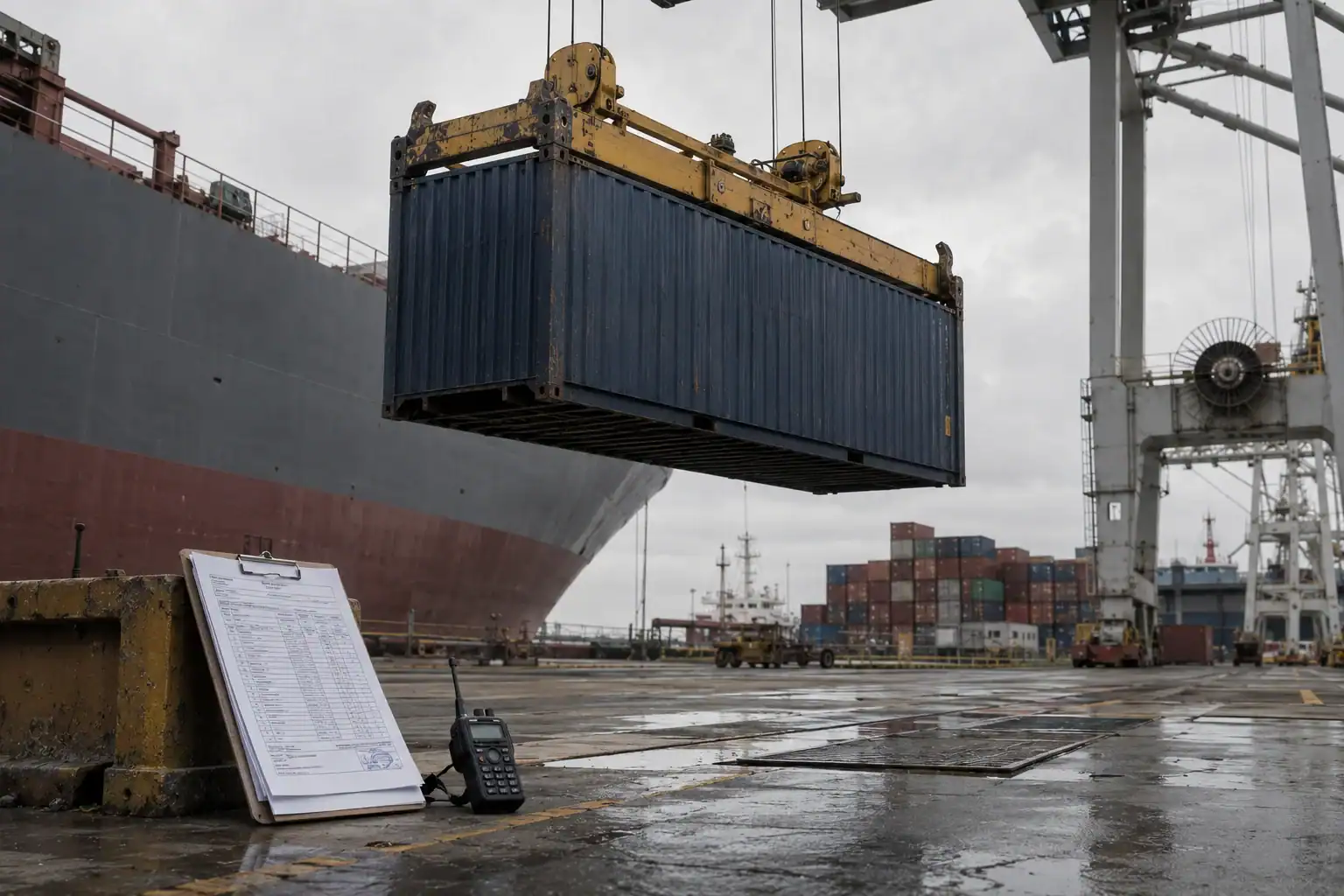 A procurement manager reviewing the complete import document set — commercial invoice, bill of lading, packing list and DAFF biosecurity clearance — representing all stages of the Australian import process from supplier to warehouse.