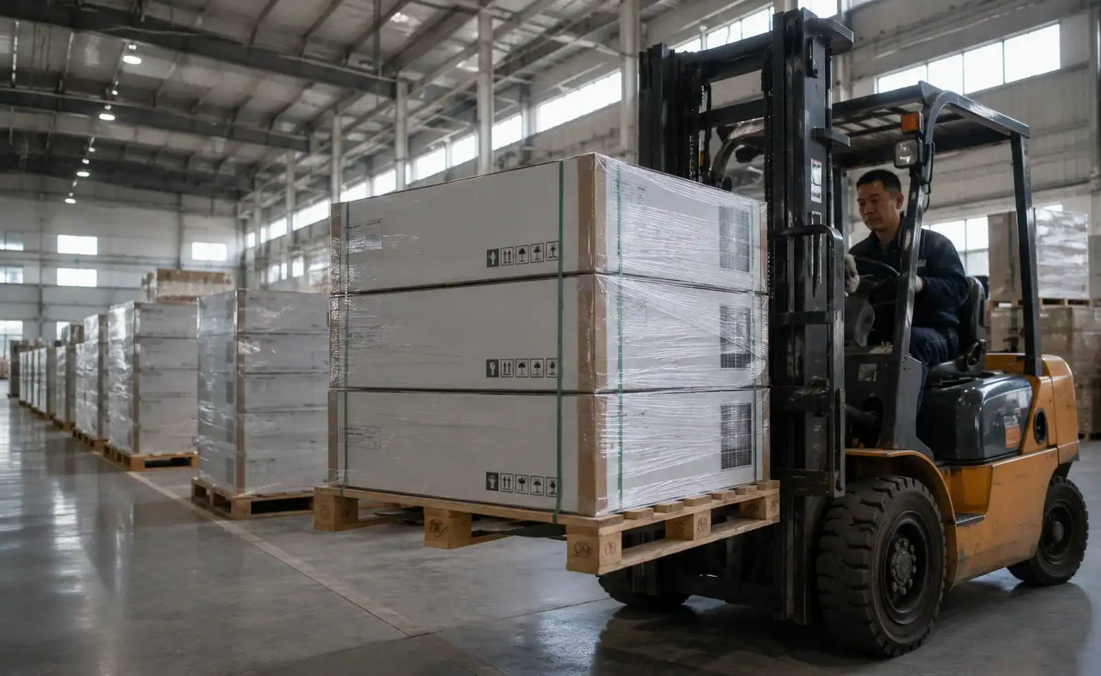 Solar panels being loaded into a container at a Chinese factory or Jiangsu/Zhejiang port facility, with an Australian port (Port Botany or Melbourne) or rooftop