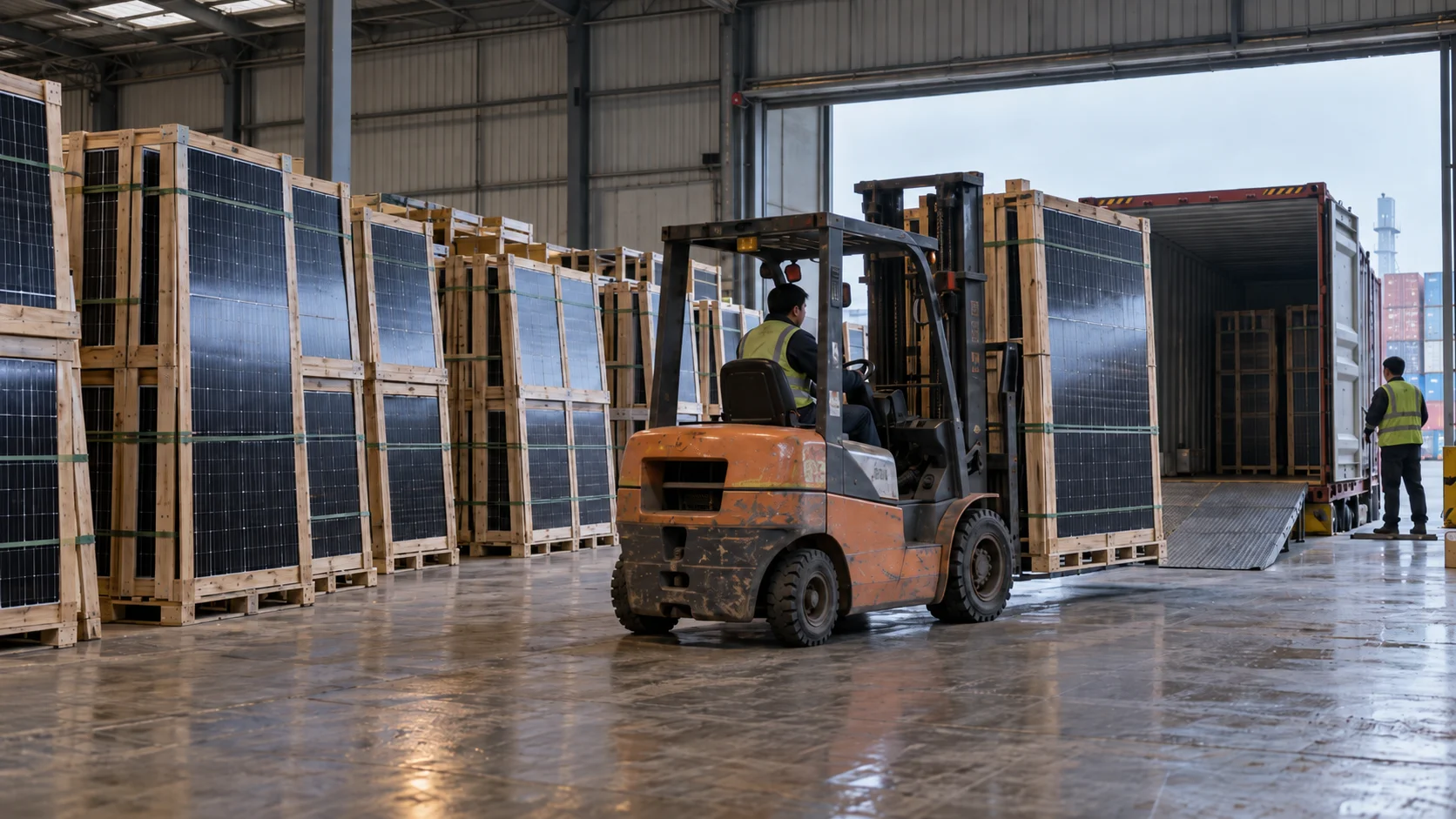 A forklift carries a crated solar panel toward an open shipping container in a warehouse stacked with more crated panels.